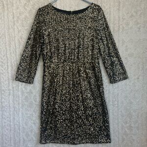 MM Couture Black Gold Sequined 3/4 Sleeve Dress Sz L Back Zipper Lined Sparkly